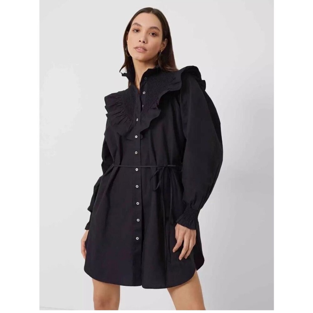 French Connection Cotton Preppy Poplin Smock-Neck Black Ruffle Dress Size 2